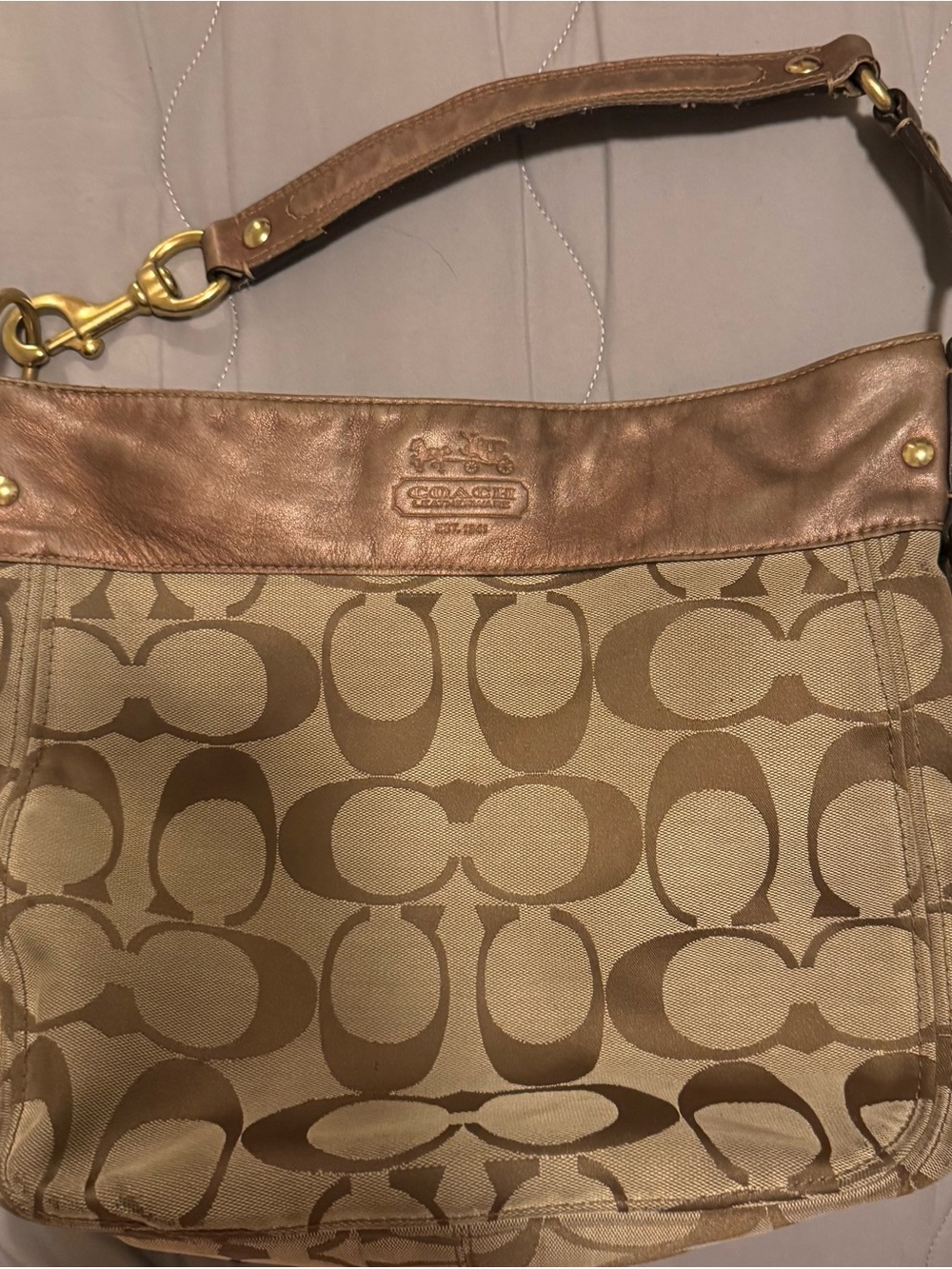 Coach Brown Signature Canvas Hobo with Metallic Trim